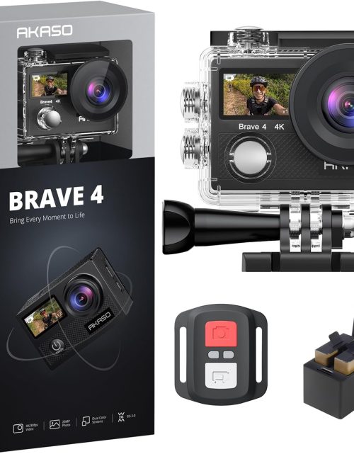 AKASO Brave 4 4K30fps 20MP WiFi Action Camera Ultra Hd with EIS 131ft Waterproof Camera Remote Control 5xZoom Underwater Camcorder with 2 Batteries and Bicycle Helmet Accessories Kit